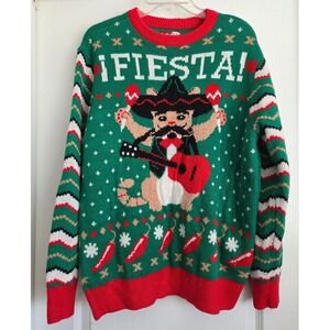 Ugly Christmas Sweater Cat Fiesta Guitar Maracas Mexican Holiday Party Sz L
